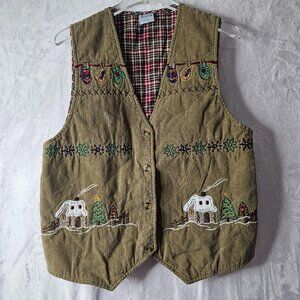 Cascade Blues Women Vest Corduroy Embroidery Winter Plaid Size M Ugly Christmas